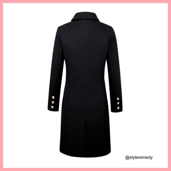 Long Wool Pea Coat Double Breasted Knee Length Office Work Coat - Picture 4 of 7